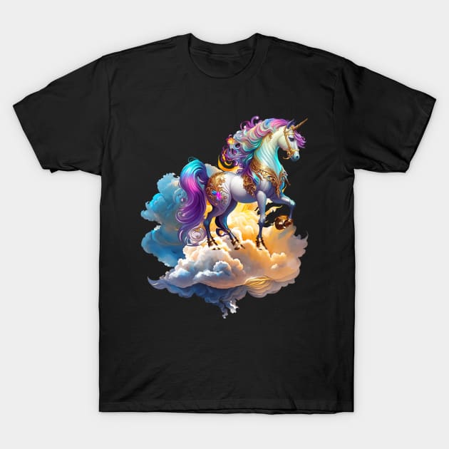 Mythical Unicorn sunny horse clouds splash watercolor fantasy magic tale romance illustration T-Shirt by sofiartmedia